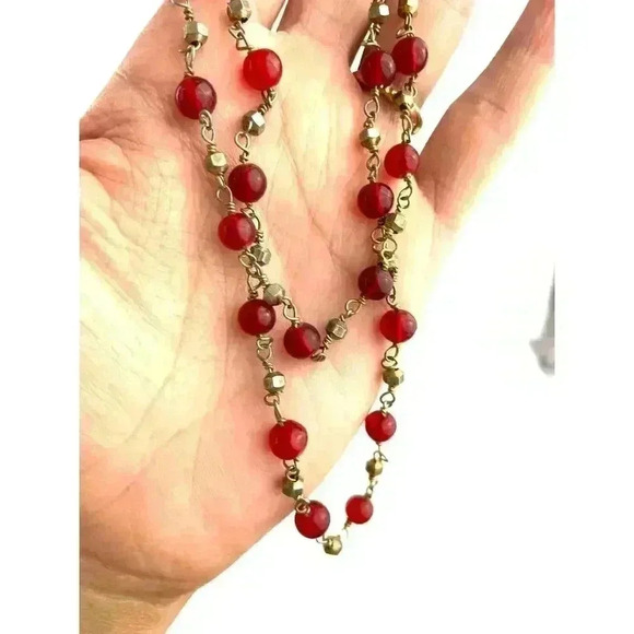 Dark Red Glass Round Bead Bronze Metal Necklace 22" Jewelry - Picture 3 of 10